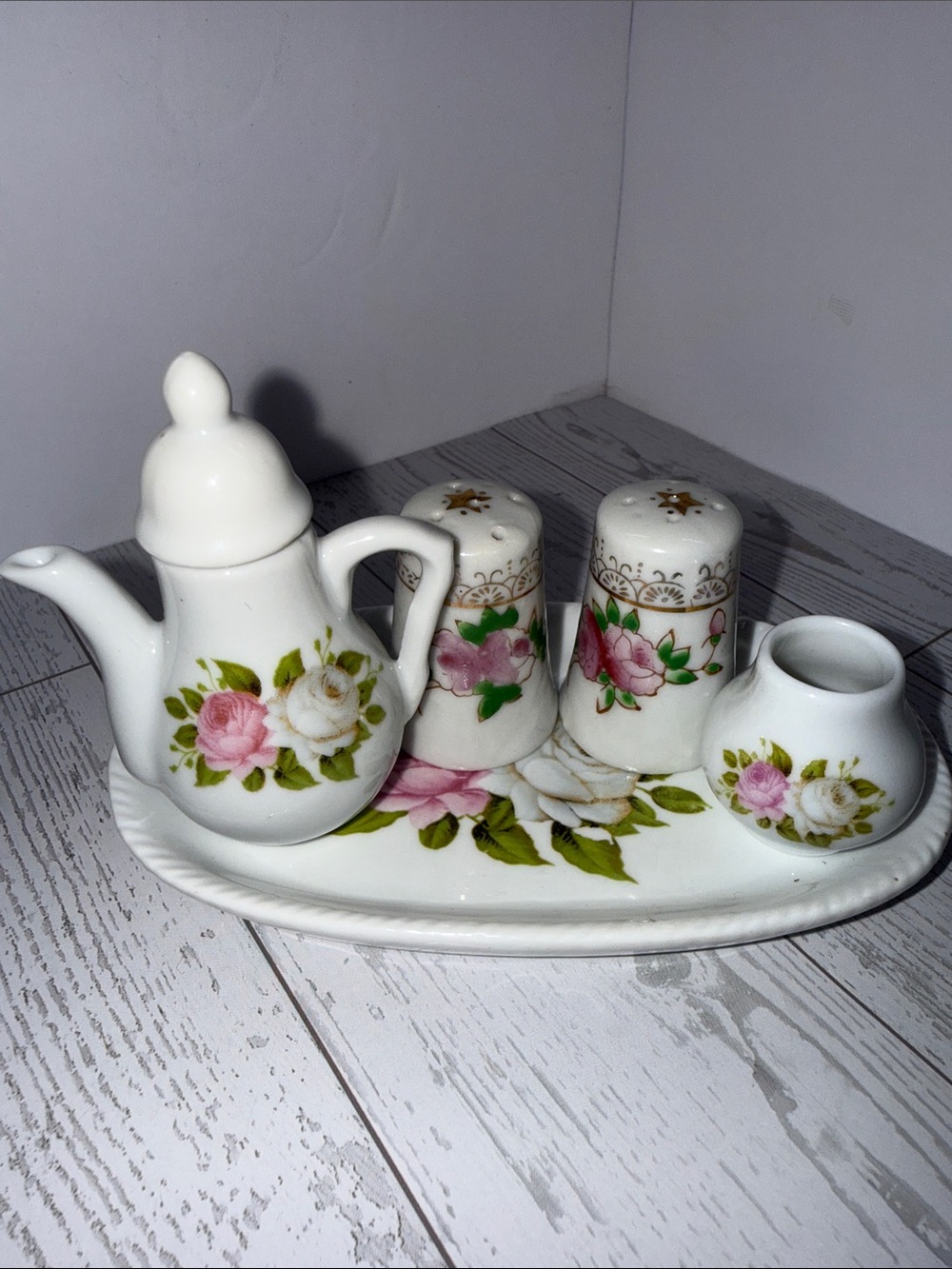 White Floral Porcelain Condiment Set - White with Pink Rose Design